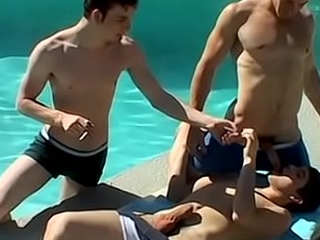 Youthful analled smokers jizz hard in poolside trio